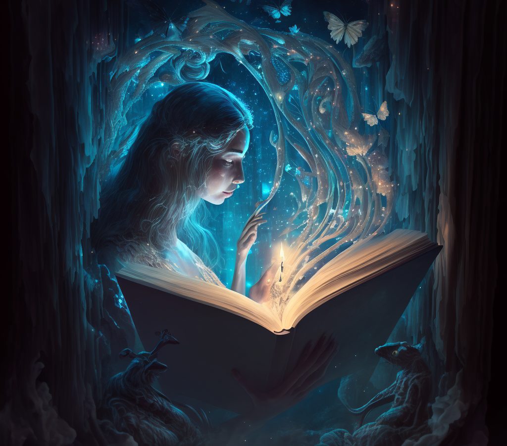 a fairy priestess reads from a magical book