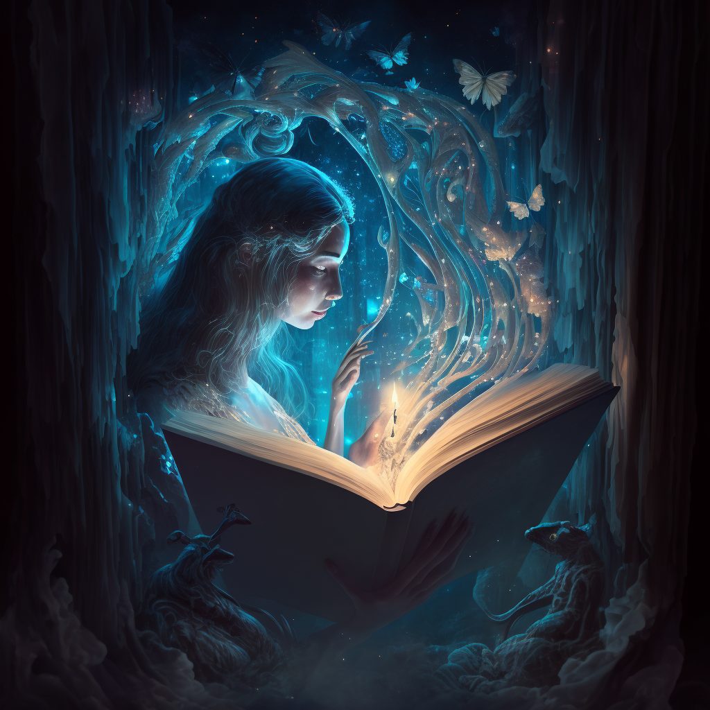 a fairy priestess reads from a magical book