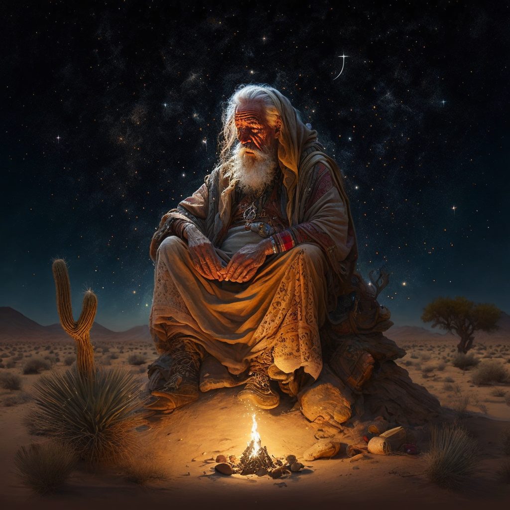 Goodmor9_a_wise_old_storyteller_sits_cross-legged_in_a_desert